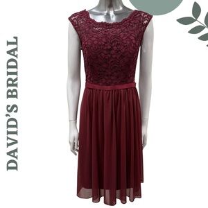 David’s Bridal Burgundy Lace & Chiffon Fit-and-Flare Dress | Size 6 | Cocktail